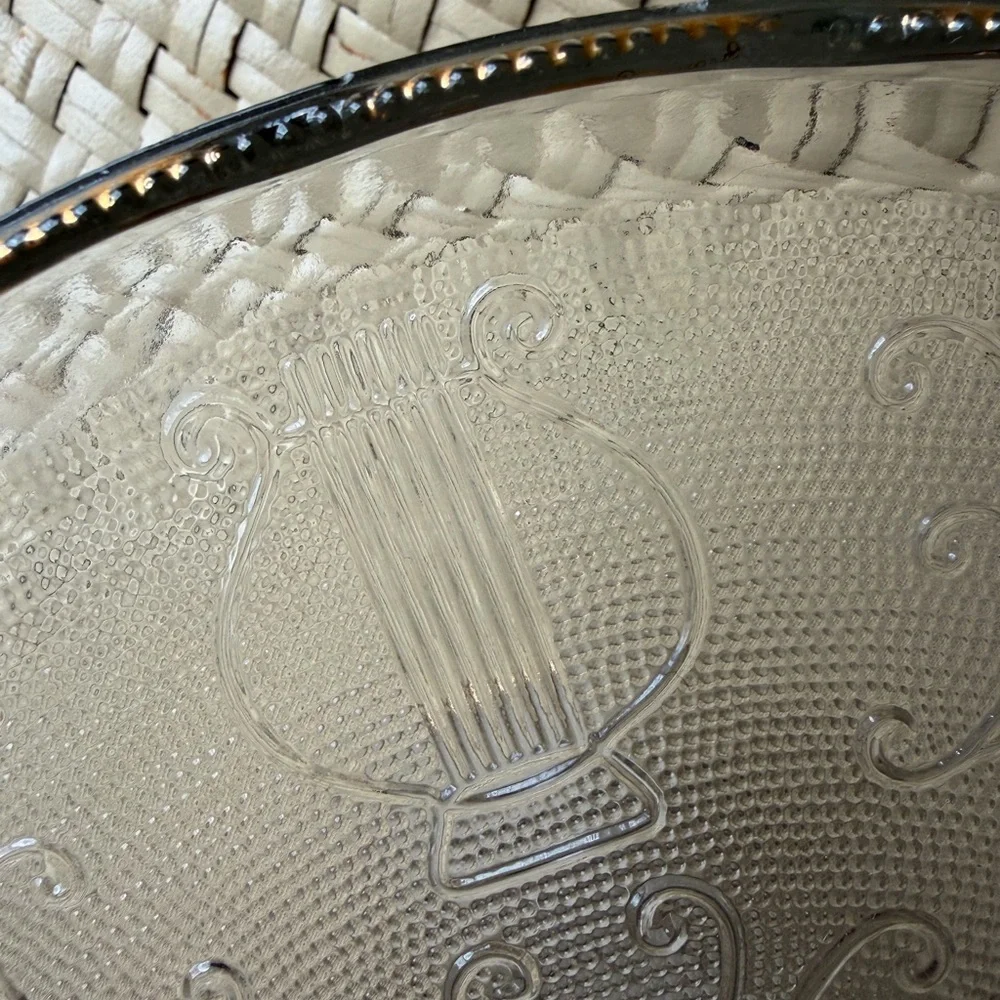 Antique  Glass Cake Stand Art Deco Ruffled Edge Musicsl Instruments 1950’s